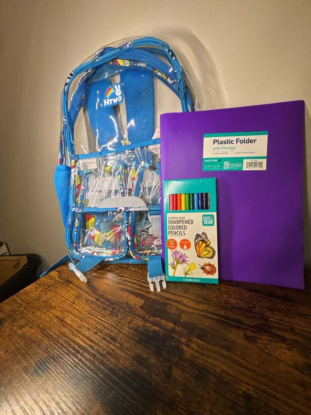 HTWO Clear Backpack Bundle with Pen Gear Colored Pencils and Wexford Plastic Fol